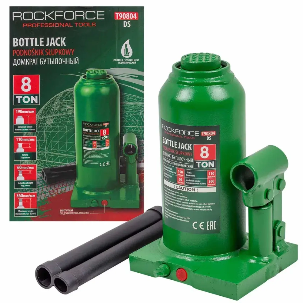 Домкрат бутылочный 8т с клапаном (h min 200мм,h max 400мм) RockForce##Rock FORCE RF-T90804(DS)