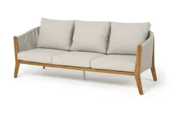 "Сидней" диван 3-местный плетеный из роупа, основание тик, каркас алюминий бежевый, роуп бежевый, ткань бежевая