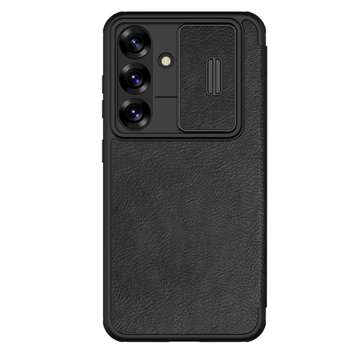 Кожаный чехол книжка черного цвета от Nillkin для Samsung Galaxy S25, серия Qin Pro Leather с сдвижной защитной шторкой для камеры