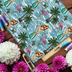 Ткань атлас сёрфинг, пальмы, черепахи и фламинго