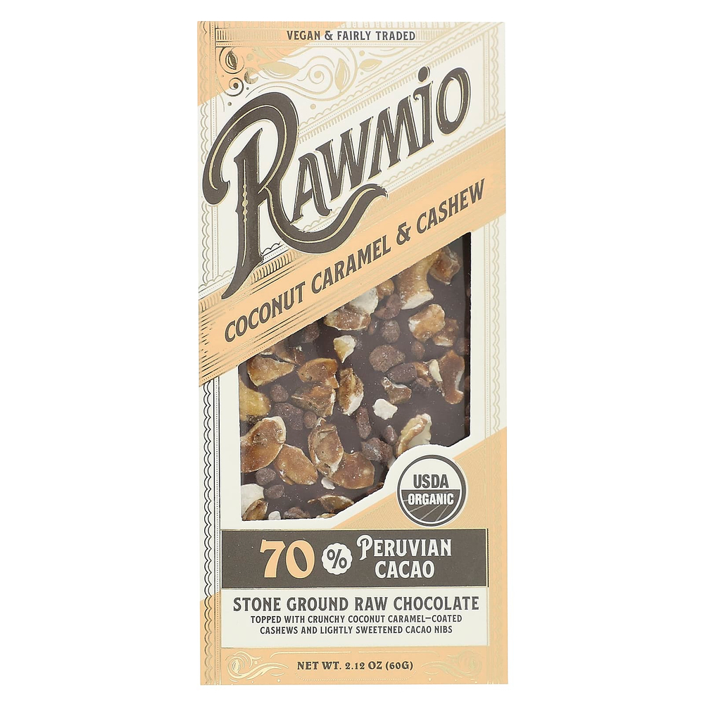 Rawmio, Каменный молотый необработанный шоколад, кокосовая карамель и кешью, 60 г (2,12 унции)