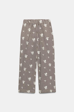 ZARA БРЮКИ-КЮЛОТЫ В КЛЕТКУ С ВЫШИВКОЙ В КОМПЛЕКТЕ, КОРИЧНЕВЫЙ/ЭКРЮ