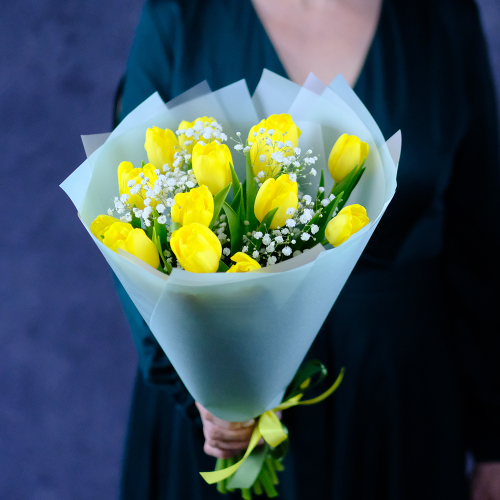 Купить Букет #408 с желтыми тюльпанами "Солнечный"