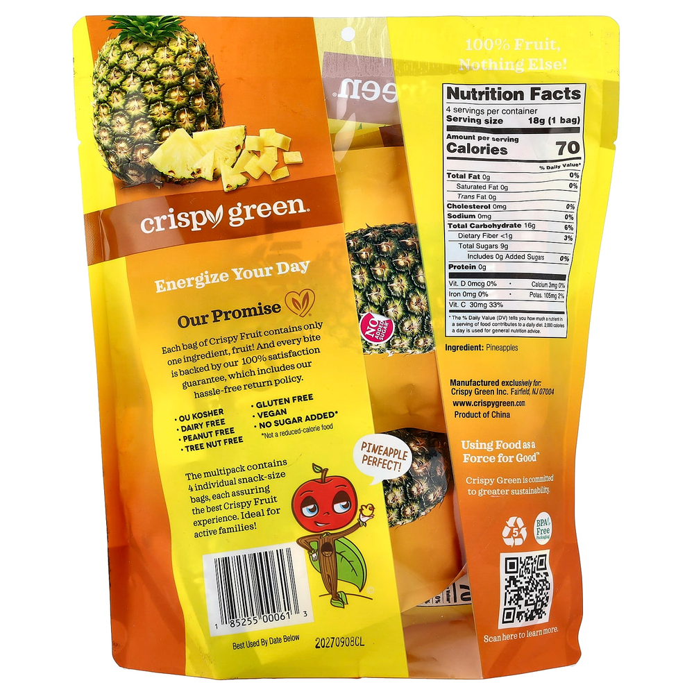 Crispy Green, Crispy Fruit, полностью ананасовый продукт, 4 пакетика по 18 г (0,63 унции)