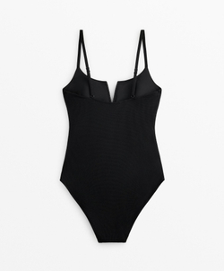 OYSHO Купальник с V-образным вырезом из ткани пике, черный