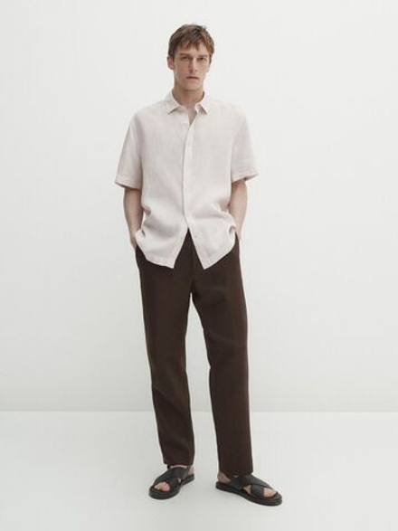 Massimo Dutti Рубашка из 100% льна с короткими рукавами,  бежевый
