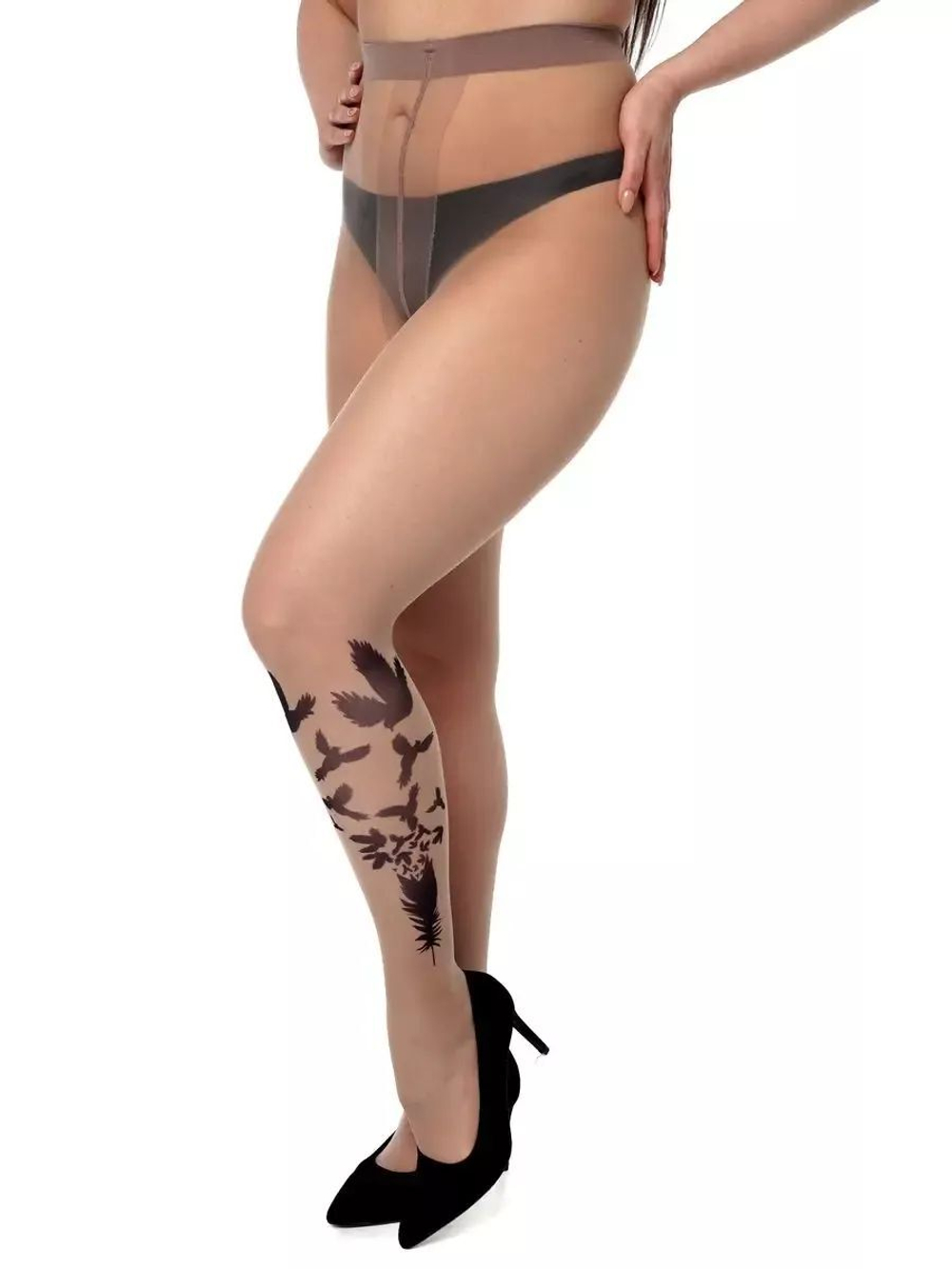 Колготки +size с принтом в виде пера и летящих птиц (Размер: XL-XXL-XXXL) (Цвет: бежевый)
