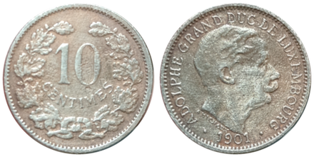 Люксембург 10 сантимов, 1901 Герцог Адольф VF