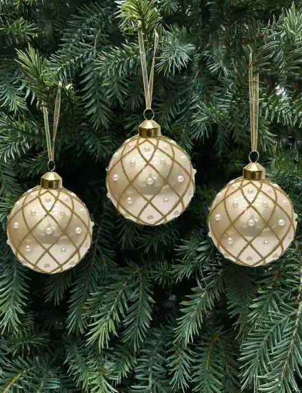 Набор винтажных стеклянных шаров Благородная нежность 80 мм., бежевый с золотом, 9 шт., Christmas DeLuxe (13136)