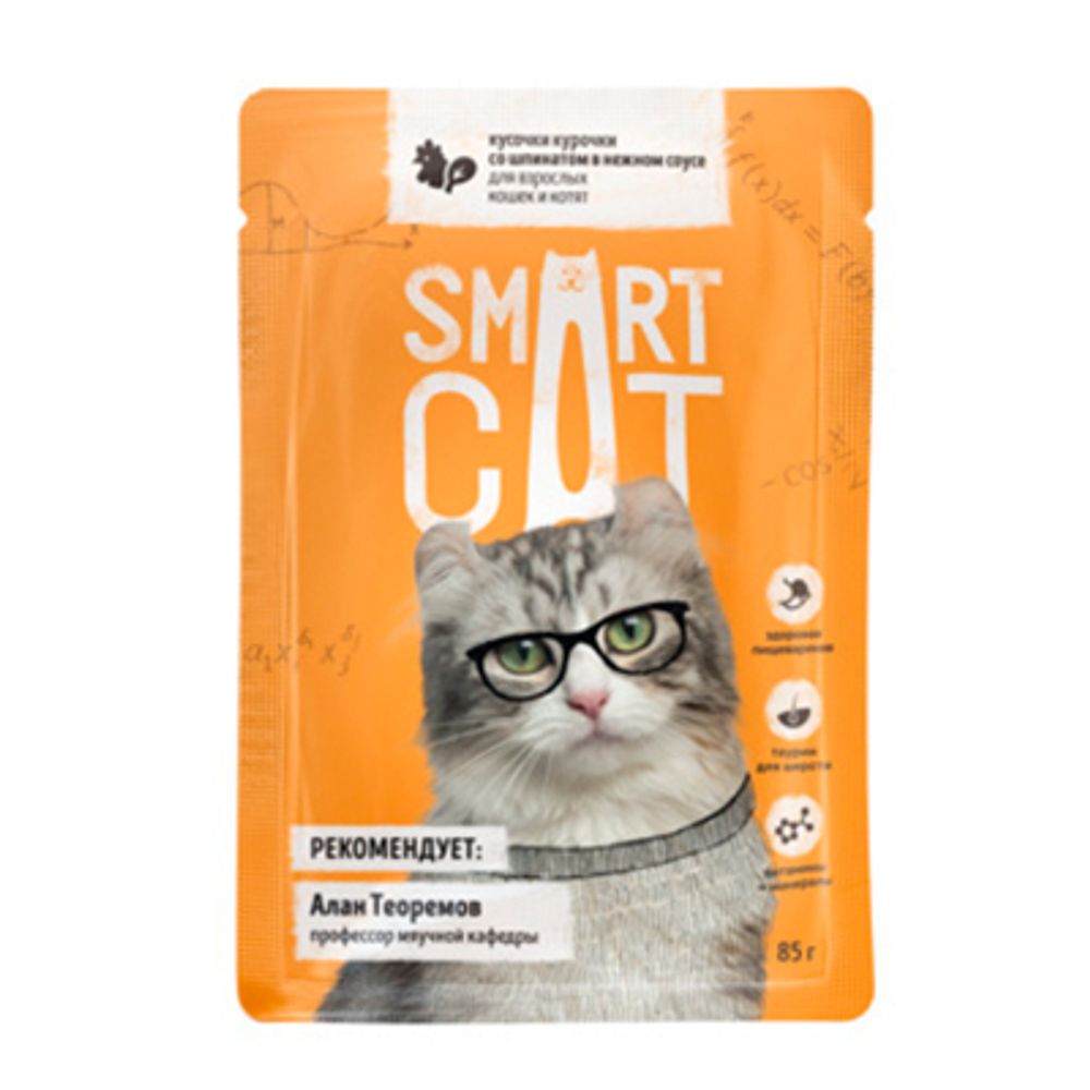 Smart Cat Паучи для кошек и котят кусочки Курицы со шпинатом в соусе, 85гр