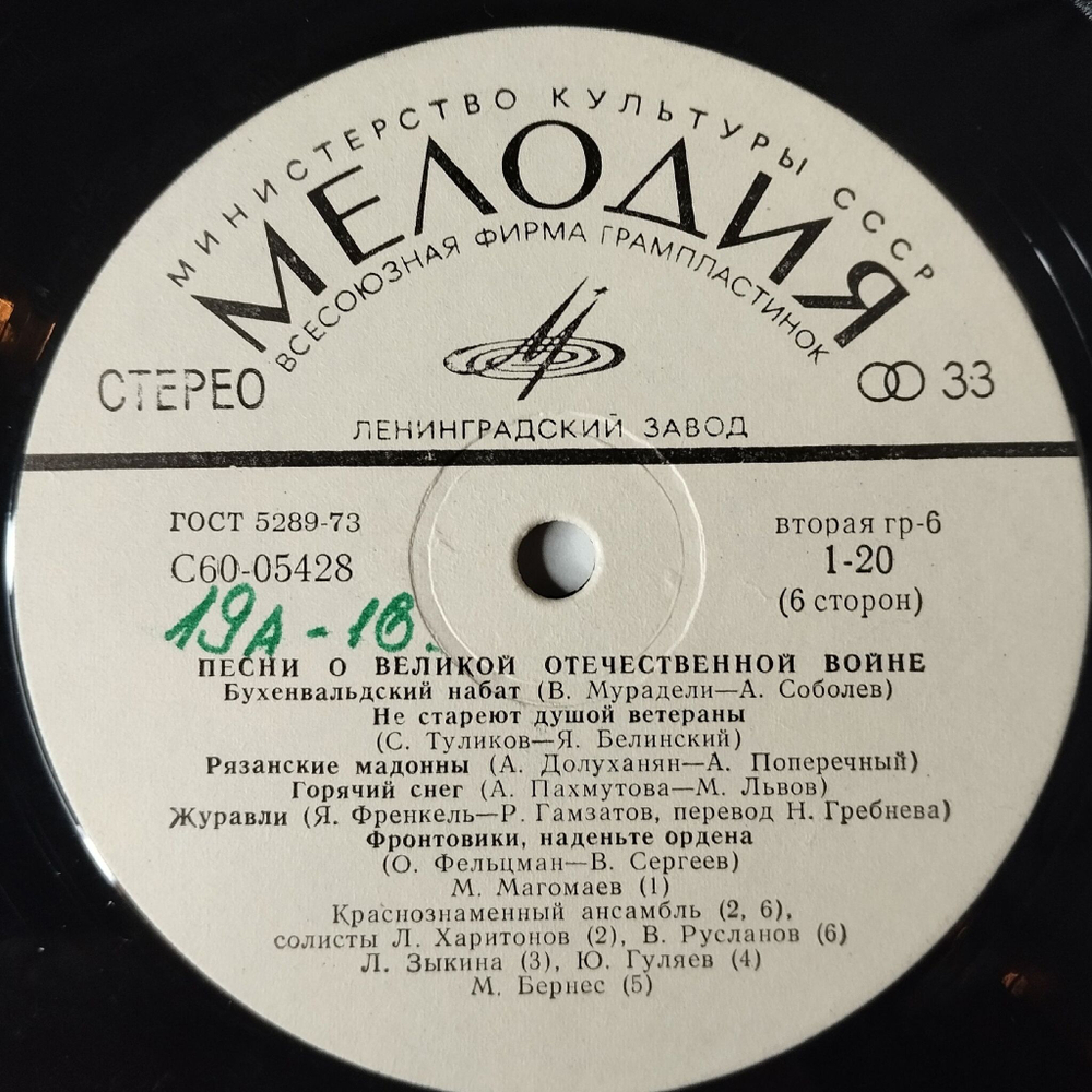 Винтажная виниловая пластинка LP Сборник Песни Великой Отечественной Войны (СССР 1980) Пластинка 3