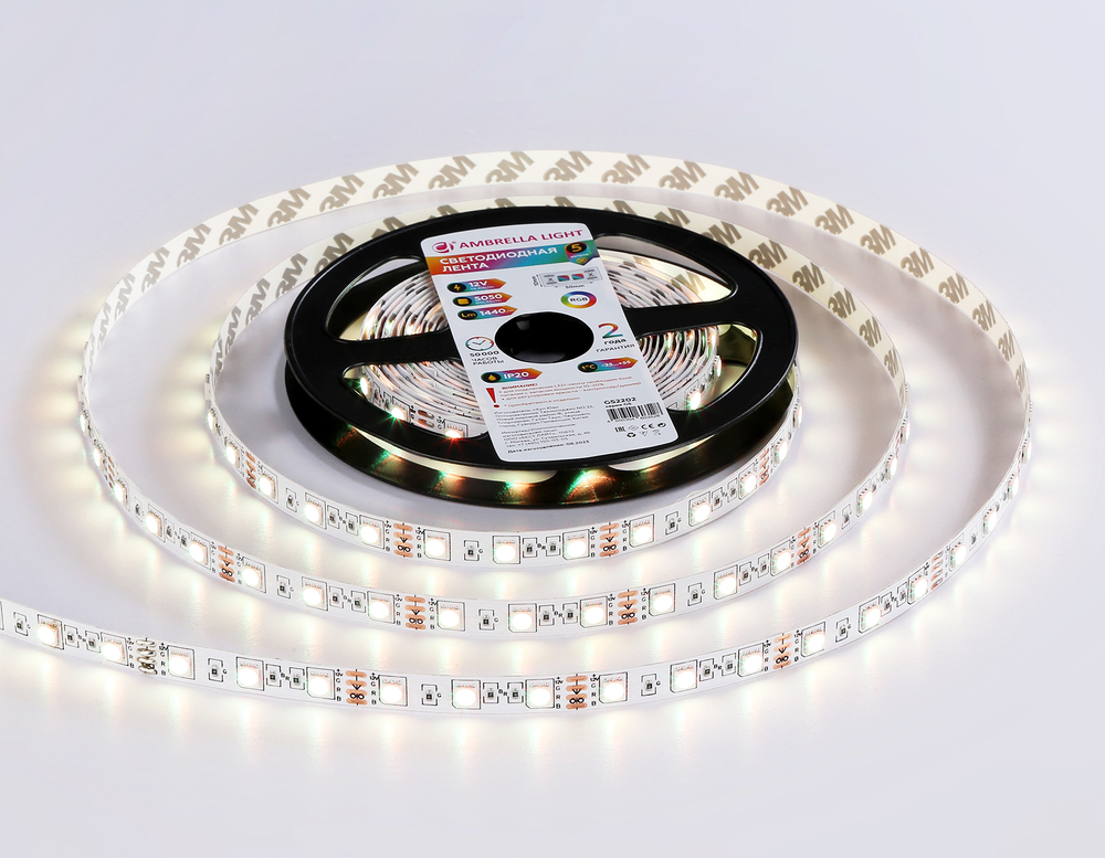 Светодиодная лента RGB GS2202 5050 60Led/ 14.4 m/ 12V IP20 RGB/ 5000*10*1.87mm/ кратность резки 50mm (4 конт.)