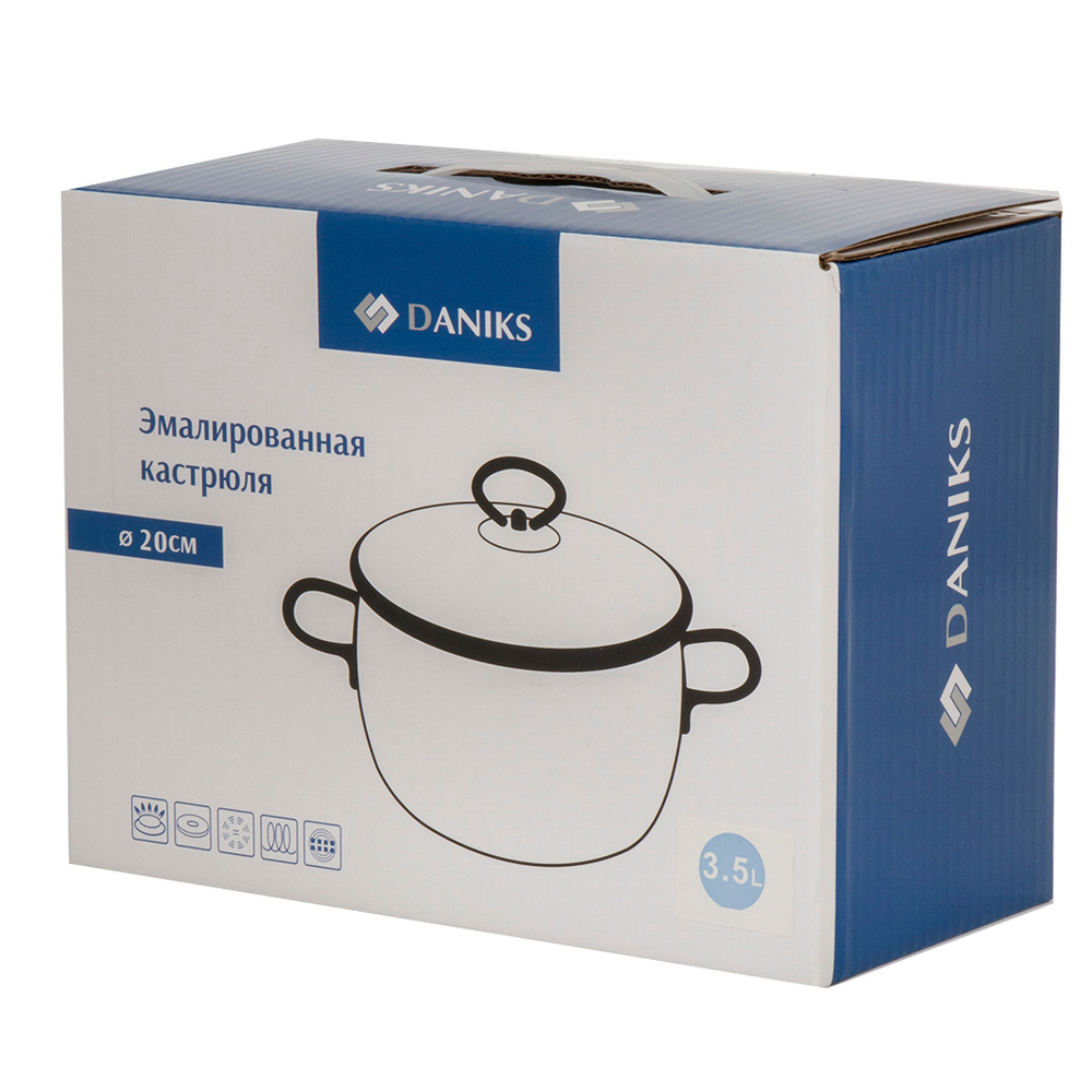 Кастрюля эмал сталь, 3.5 л, с крыш, крыш стекло, Daniks, Черный мрамор, Y4-8968, индукц