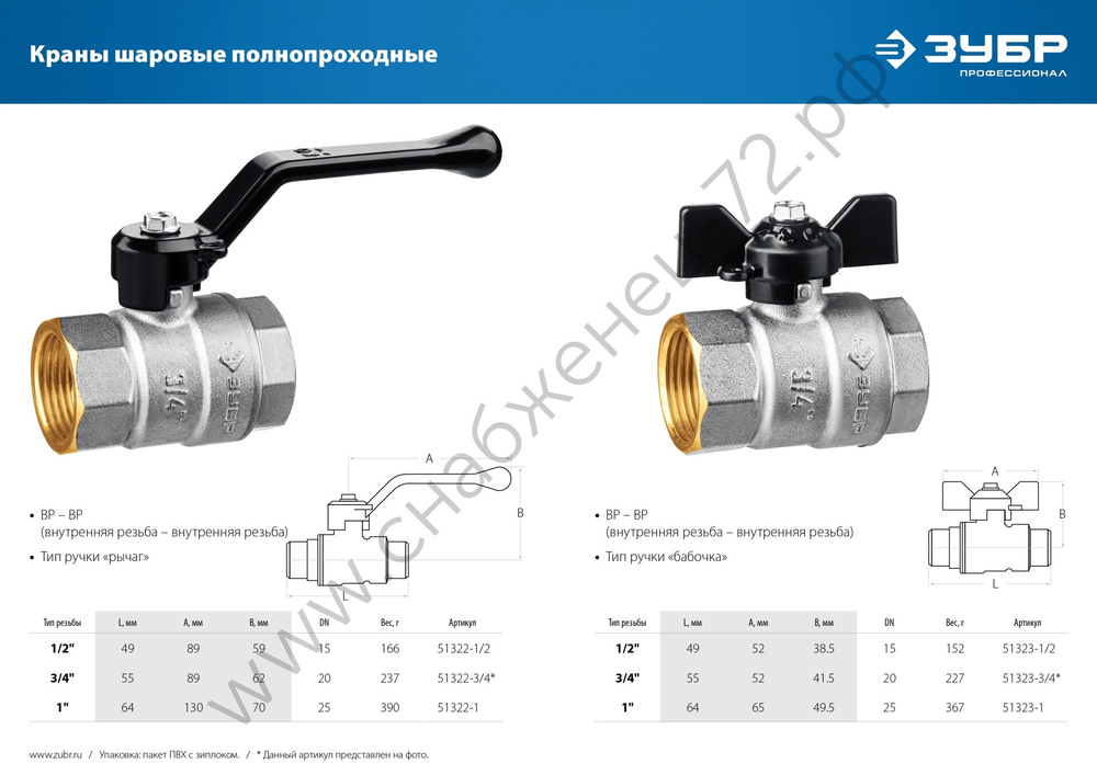 ЗУБР d 1/2″, ручка ″бабочка″,″мама-мама″, Полнопроходной шаровой кран (51323-1/2)