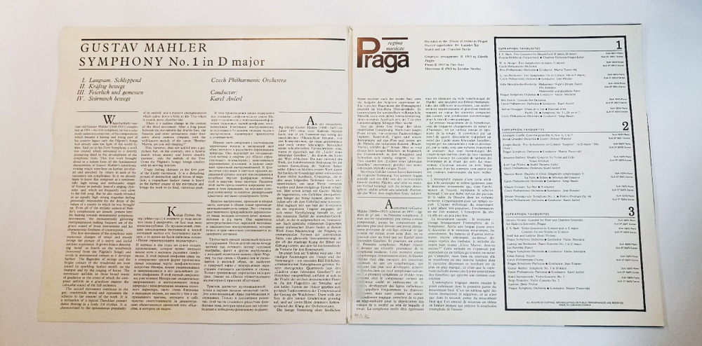 Винтажная виниловая пластинка LP Gustav Mahler Густав Малер Ceska Filharmonie Ridi Karel Ancerl Symphony No. 1 In D Major (Чехословакия 1968)