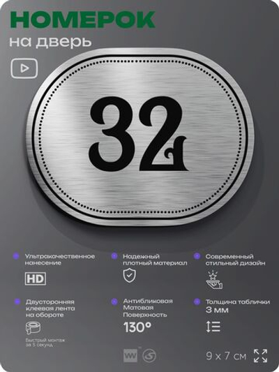 Номерок на дверь квартиры 32, для кабинета, офиса, шильдик 9 х 7 см, серебристый, Айдентика Технолоджи