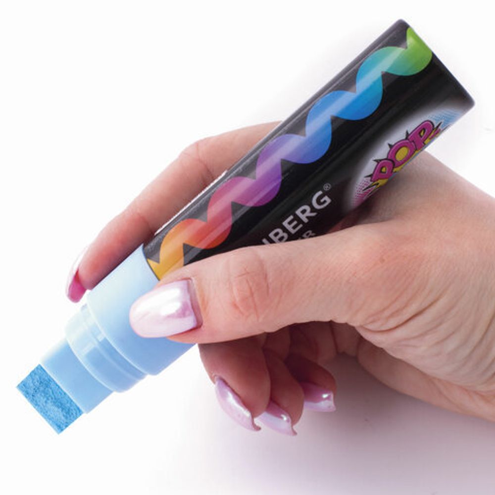 Маркер меловой "POP-ART" ГОЛУБОЙ, 15 мм, сухостираемый, для гладких поверхностей, BRAUBERG, 151543