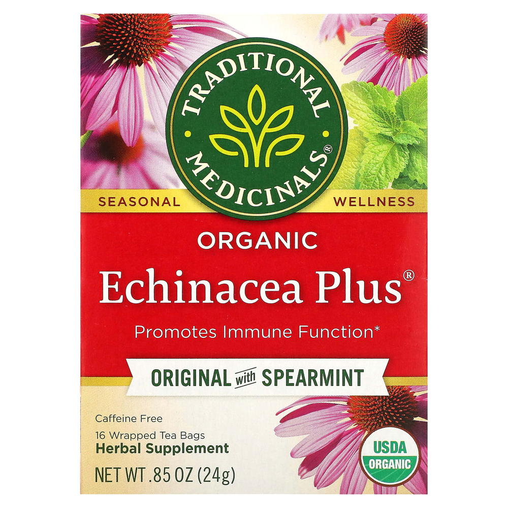 Traditional Medicinals, органическая эхинацея Plus®, оригинальная с мятой, без кофеина, 16 чайных пакетиков, 24 г (0,85 унции)
