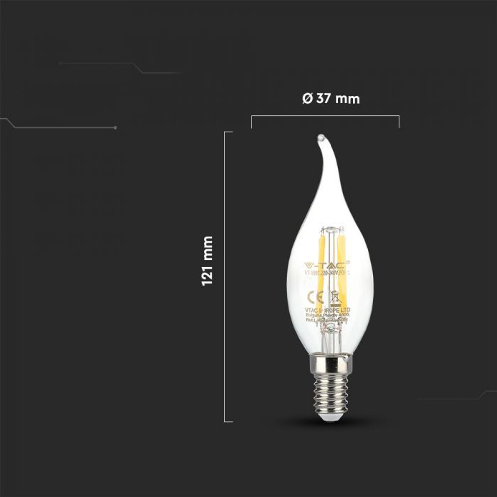 Лампа светодиодная, филамент V-TAC, E14, 4 Вт, 4000К, SKU 4429