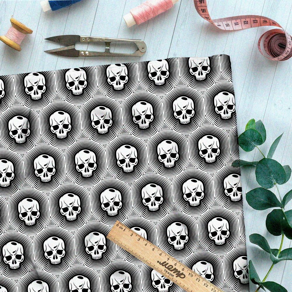 Ткань блэкаут чёрно-белые печати с черепами