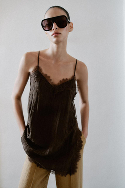 ZARA ТОП В БЕЛЬЕВОМ СТИЛЕ С КРУЖЕВОМ, КОРИЧНЕВЫЙ