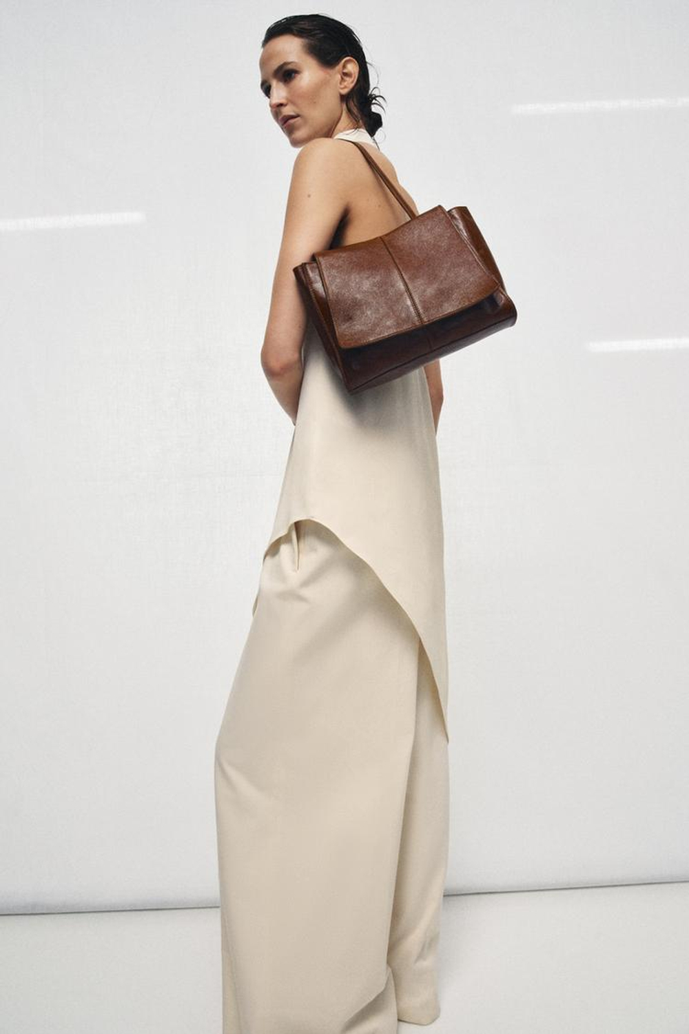 ZARA КОЖАНАЯ МИНИ-СУМКА-ШОПЕР С ДВОЙНЫМ КАРМАНОМ, КОРИЧНЕВЫЙ