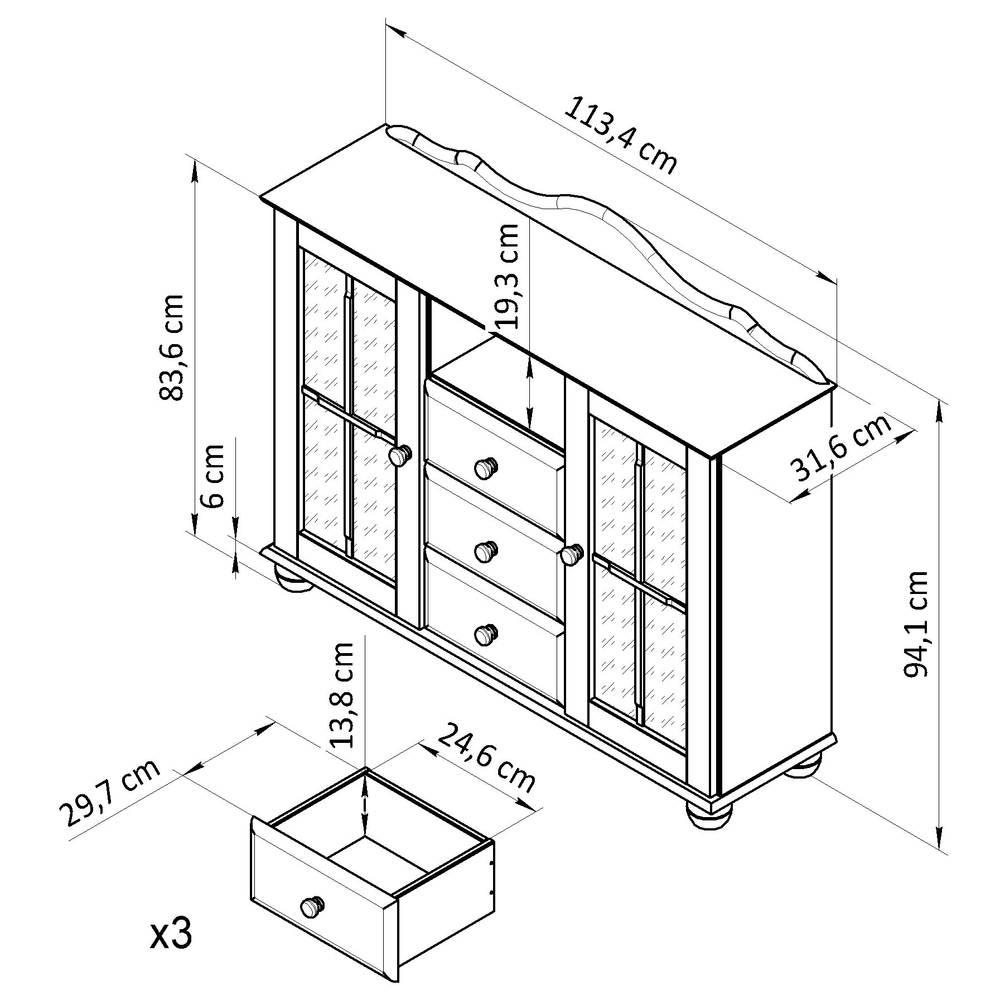 Комод 113х32х94, Бритта, с 3 ящиками для одежды, витрина 2 двери, массив сосны, в натуральной отделке, Dipriz