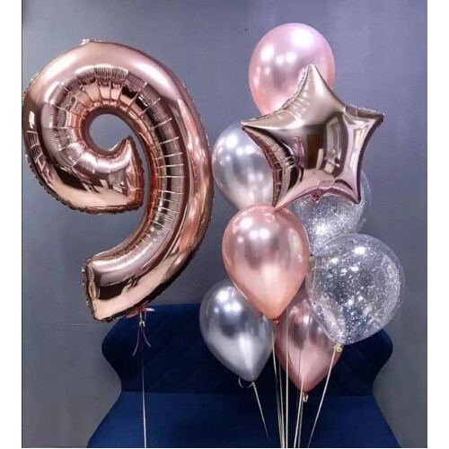 Фонтан из шаров на День Рождения Розовое Золото и Серебряное Конфетти с Цифрой
