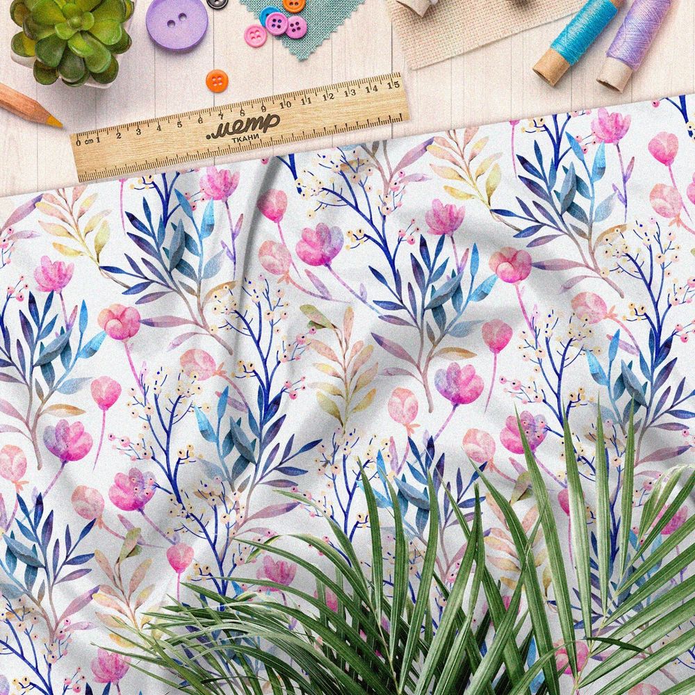 Ткань саржа розовые цветы с листьями