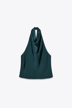 ZARA АТЛАСНЫЙ ТОП С ГОРЛОВИНОЙ ХАЛТЕР, ЗЕЛЕНЫЙ