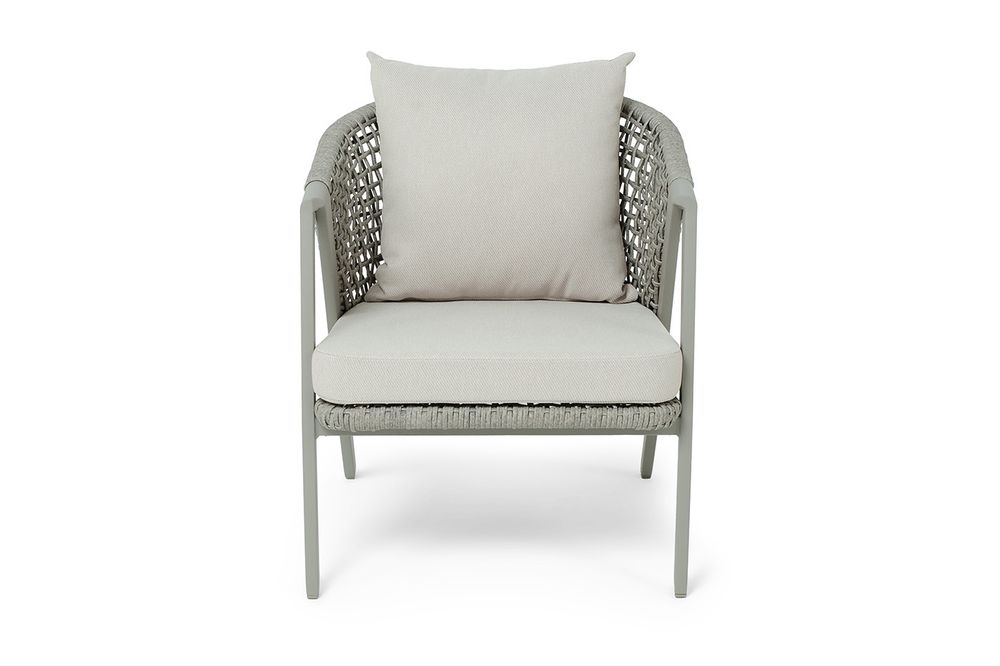 "Амстердам" кресло плетеное из роупа, каркас алюминий, роуп серый круглый, ткань бежевая