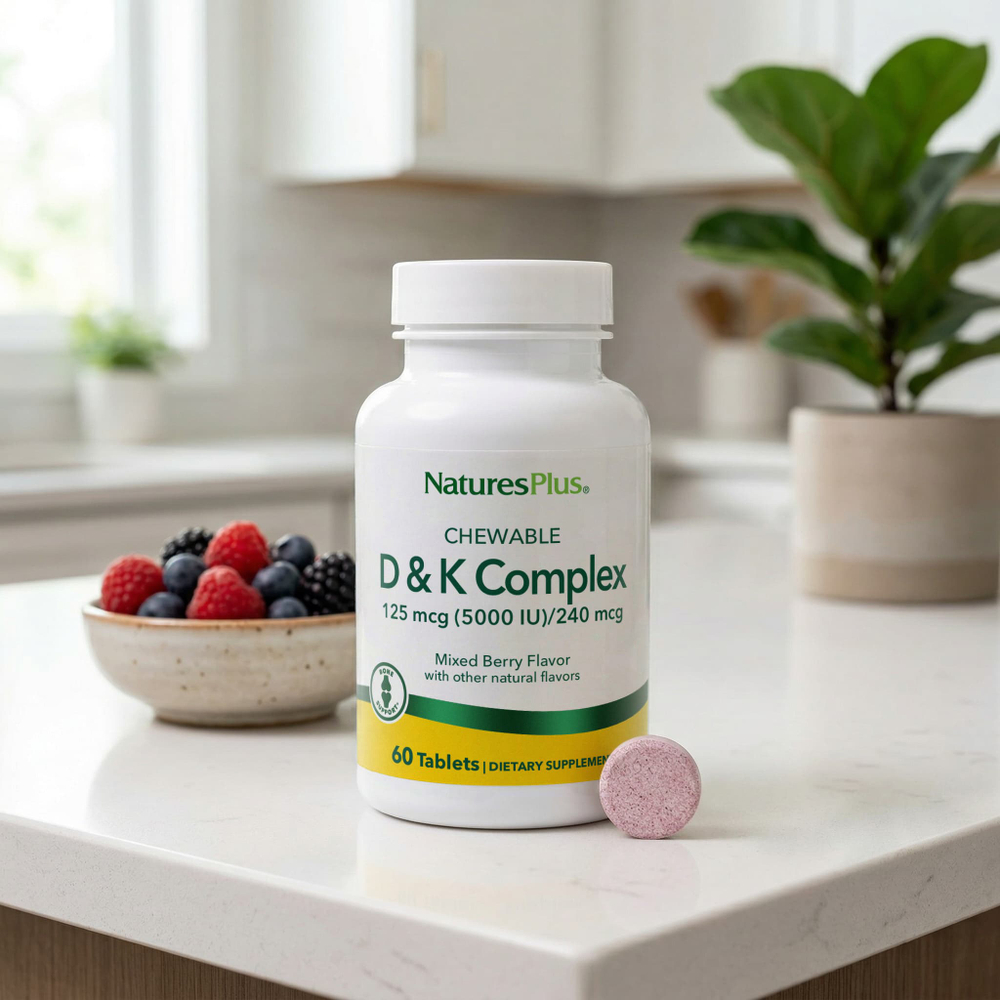 NaturesPlus, жевательный комплекс D и K, ягодное ассорти, 60 таблеток