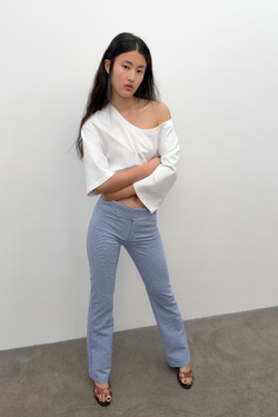 ZARA БРЮКИ FLARE В КЛЕТКУ ВИШИ, ТЕМНО-СИНИЙ/БЕЛЫЙ