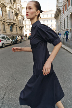 ZARA ПЛАТЬЕ МИДИ ИЗ ПОПЛИНА С ОБЪЕМНЫМИ РУКАВАМИ, МОРСКОЙ СИНИЙ