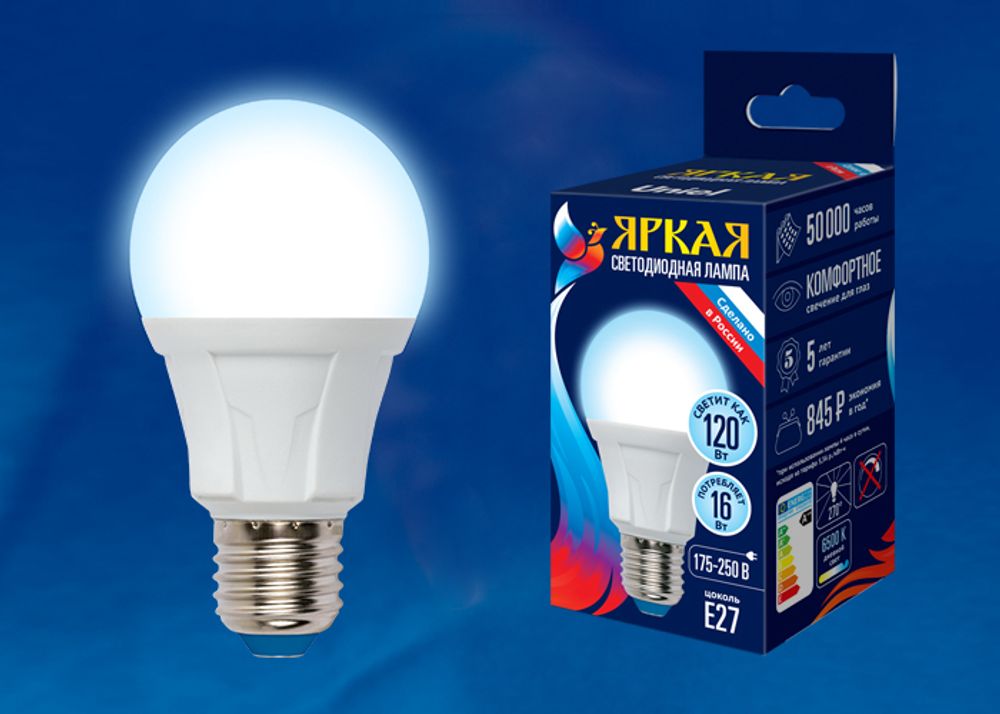 LED-A60 16W/6500K/E27/FR PLP01WH Лампа светодиодная. Форма «А», матовая. Серия Яркая. Дневной свет (6500K). Картон. ТМ Uniel.