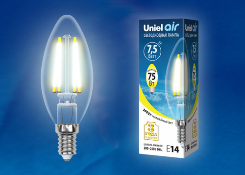 LED-C35-7,5W/WW/E14/CL GLA01TR Лампа светодиодная. Форма свеча, прозрачная. Серия Air. Теплый белый свет (3000K). Картон. ТМ Uniel