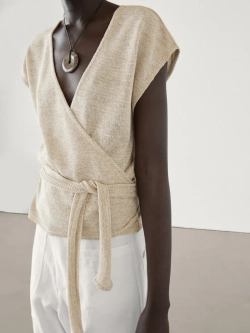 Massimo Dutti Топ из смесового хлопка с завязывающимся поясом, золотистый