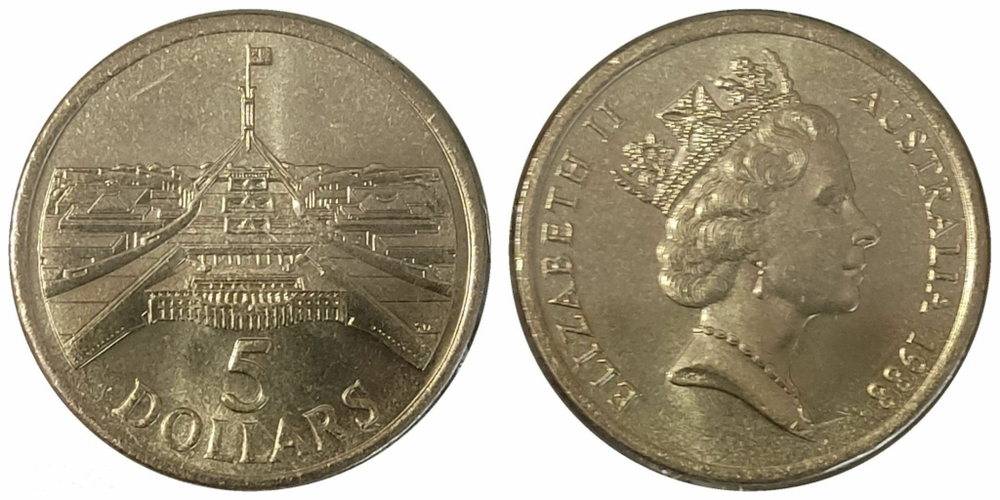 Австралия 5 долларов, 1988 Здание парламента UNC