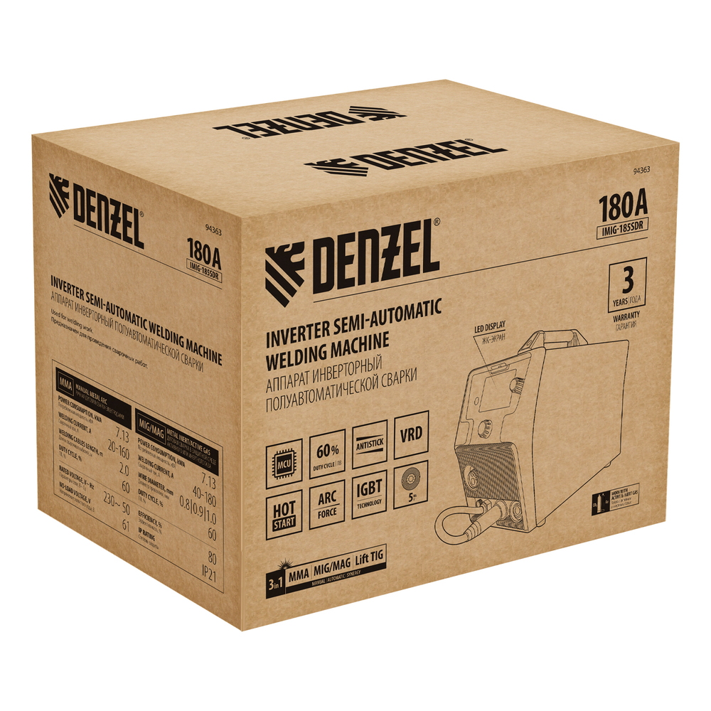 Аппарат инвертор. полуавтомат. cварки IMIG-185SDR, 180 А, ПВ 60%, катушка 5 кг Denzel
