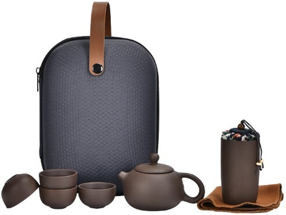 242138 Сервиз ДОРОЖНЫЙ "Сиши+4" чайник 4 пиалы чайница, полотенце, в дорожной сумке, керамика, корич