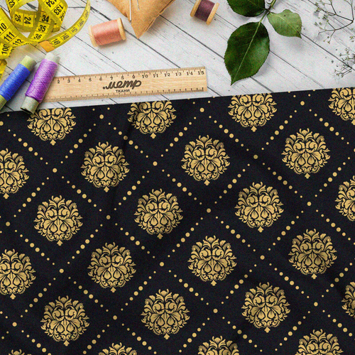 Ткань габардин золотой симметричный узор на чёрном фоне