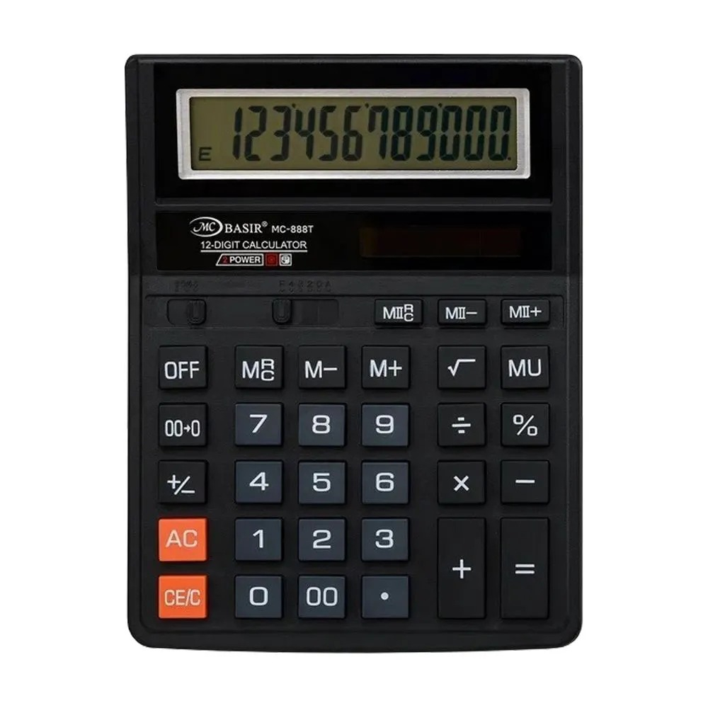 Калькулятор бухгалтерский настольный, 12-ти разрядный, полноразмерный с большим дисплеем, большой размер 20*15*3 см, 2 источника питания, MC-Basir