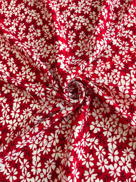 Штапель принт цветы белые на красном D15C1