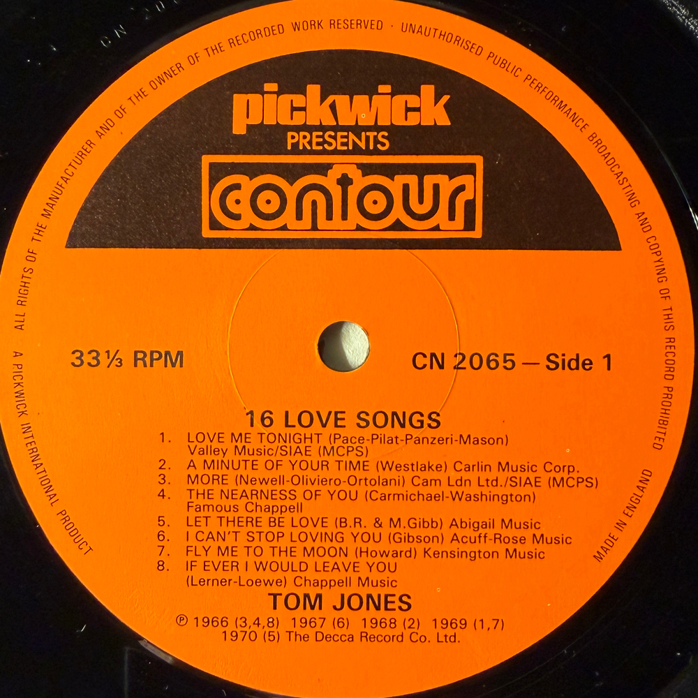 Tom Jones ‎– 16 Love Songs (Англия 1983г.) Т