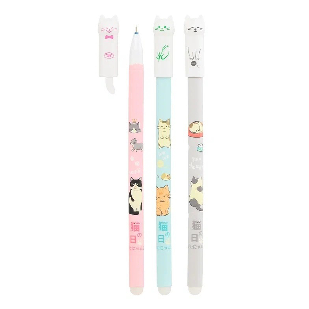 Ручка гелевая, пиши-стирай, Basir, синие чернила, серия "КОШЕЧКИ", разноцветный корпус