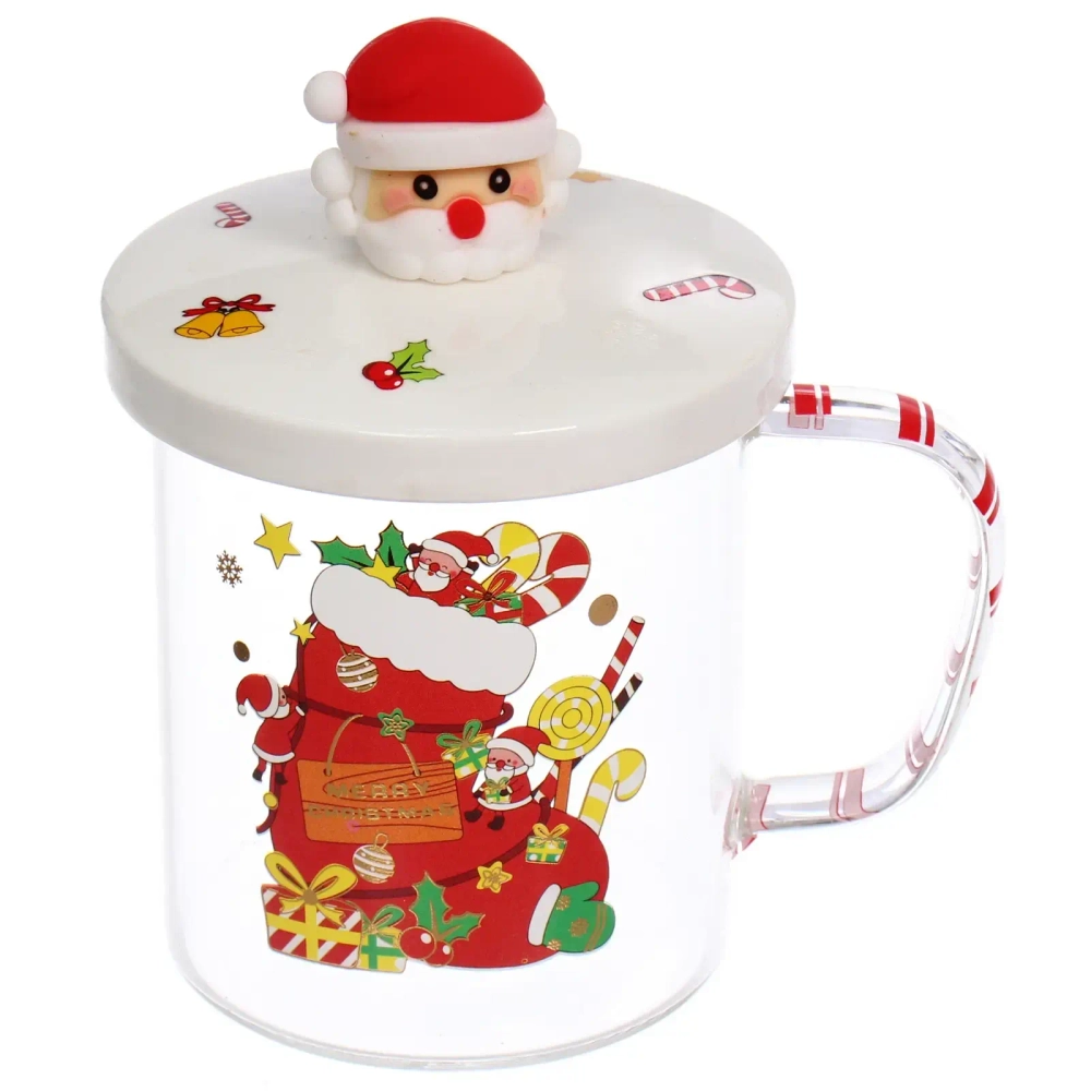 Кружка стеклянная 450мл «Новогодние гуляния» с керамической крышкой
