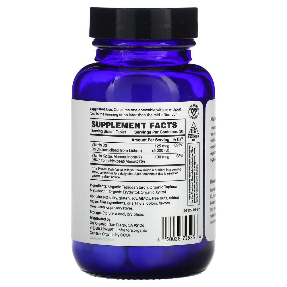 Ora, Sol Food, высокоэффективные витамины D3 и K2, 30 жевательных таблеток