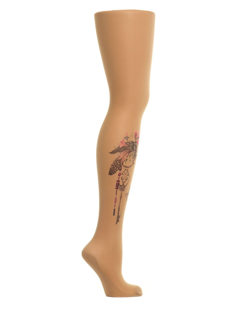 Женские колготки с имитацией цветного тату на правой ножке (Размер: S-M-L) (Цвет: бежевый)