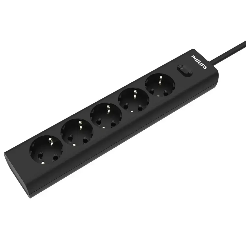 Сетевой фильтр удлинитель Philips CHP2155BB/51 с пятью стандартными розетками EU, с заземлением и защитой от перегрузок, 3 м, черный