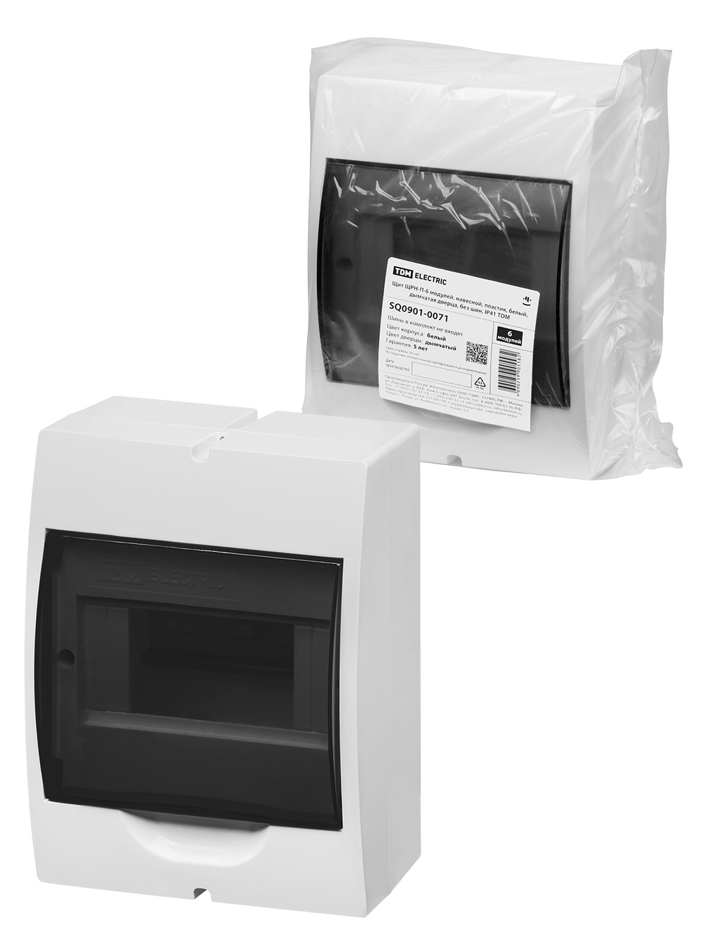 Щит ЩРН-П-6 модулей, навесной, пластик, белый, дымчатая дверца, без шин, IP41 TDM